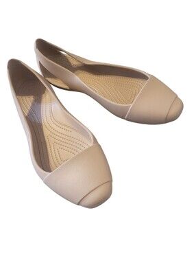 Crocs Sienna Ballet Flats W8 Beige Cream Cap Toe Comfy Casual Beach Pool